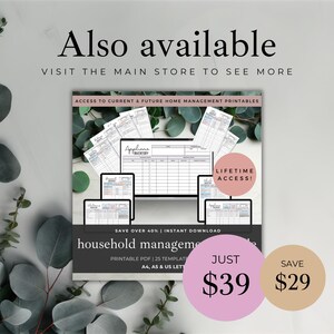 May include: A promotional image for printable home management templates. The image features a central document labeled "Appliance Inventory" surrounded by digital devices displaying similar documents. Text includes "Lifetime Access!" and "Household Management".