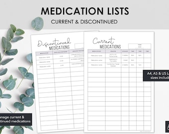 Medication List Printables | Manage Current and Discontinued Medication Information | Medical Binder | Instant Download