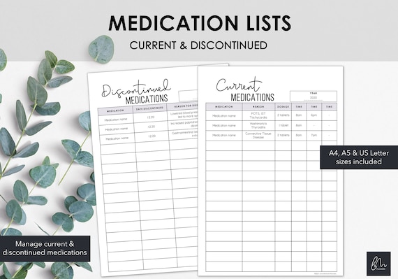 Medication List Printables Manage Current and Discontinued - Etsy