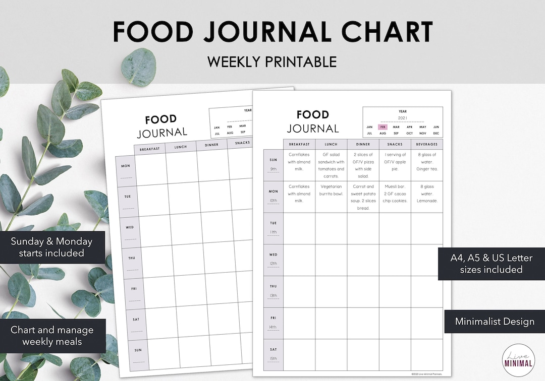 Printable Weekly Food Journal | Chart Daily Meals | Printable Meal ...
