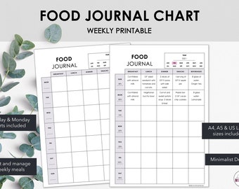 Diario de alimentación semanal imprimible / Tabla de comidas diarias / Diario de comidas imprimible / Diario de alimentación con diseño minimalista / Descarga instantánea
