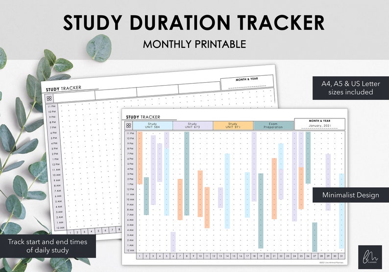 May include: A printable study duration tracker with the title "Study Duration Tracker Monthly Printable". The design includes a grid for tracking study times, with the text "Track start and end times of daily study". The design includes the text "A4, A5 & US Letter sizes included".