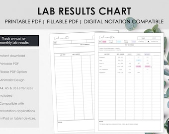 Printable and Fillable Medical Test Log or Lab Results Tracker, Chart Blood Work Results for a Chronic Illness Wellness Journal