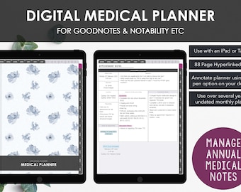 Digital Medical Planner | Hyperlinked Planner | Manage Medical Notes Expenses Symptoms | Minimalist Blue Floral Cover | Digital Download