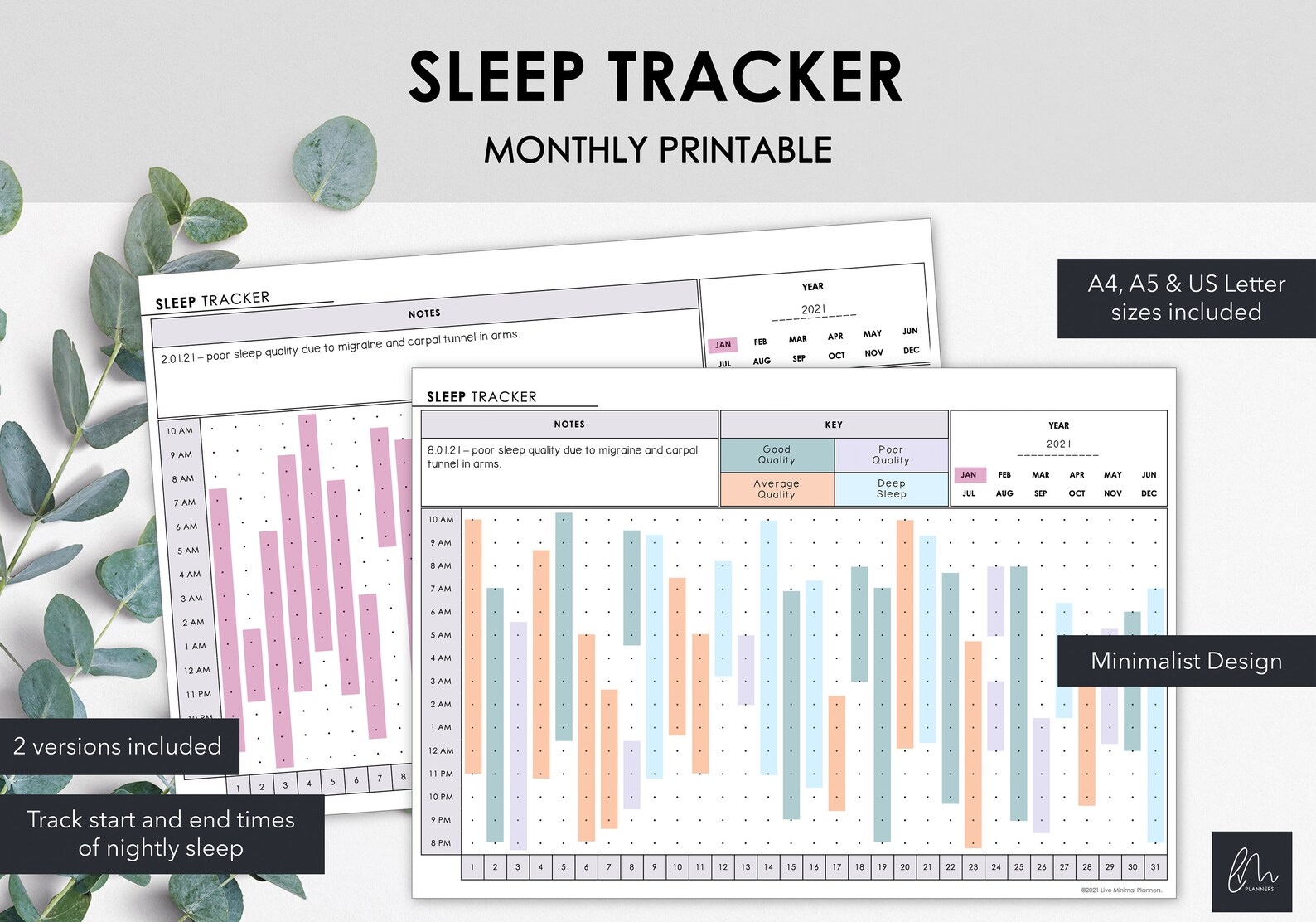 Printable Monthly Sleep Tracker | Chart Start & End Times for Nightly ...