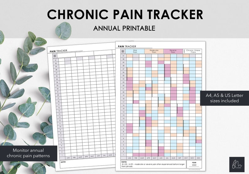 May include: A printable annual chronic pain tracker with the text "CHRONIC PAIN TRACKER ANNUAL PRINTABLE". The tracker includes a grid to monitor pain levels, with color-coded sections for different pain intensities. A4, A5 & US Letter sizes included.