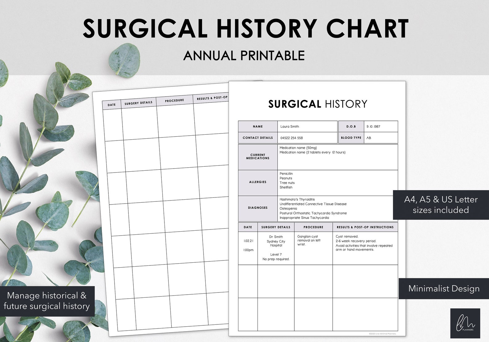 Surgical History Chart Printable Chart to Manage Historical & Future