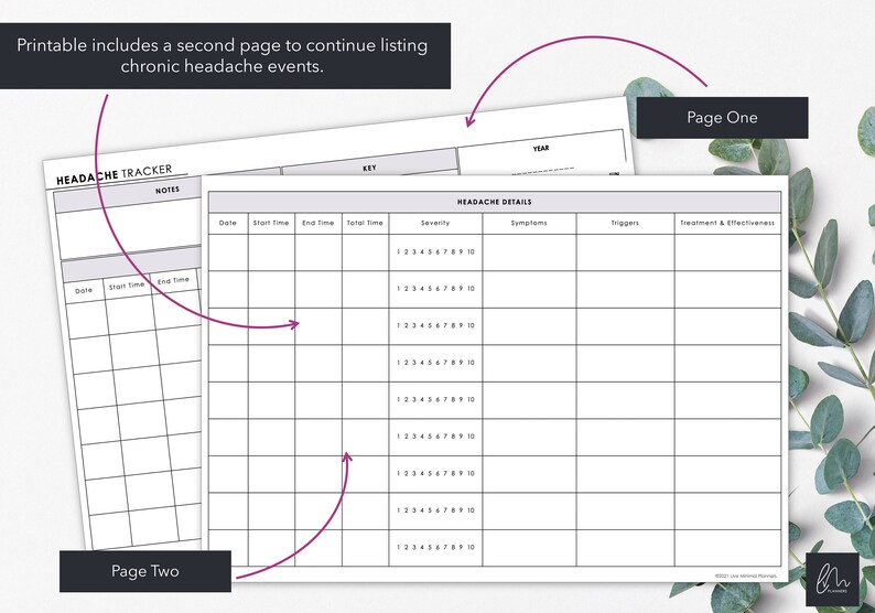 May include: A two-page printable headache tracker with a grid layout for recording headache details. The first page includes sections for date, time, severity, symptoms, triggers, and treatment. The second page continues the listing of chronic headache events.