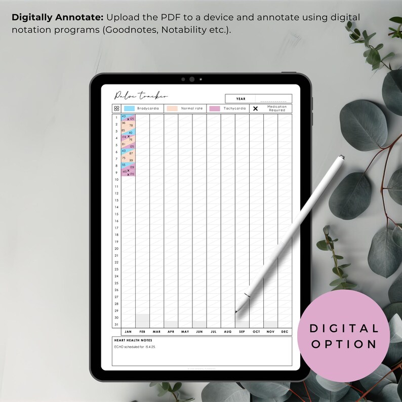 May include: A digital heart rate tracker on a tablet, with a stylus resting on the screen. The tracker features sections for recording heart rate data, with colour-coded indicators. The text "Digital Option" is visible.
