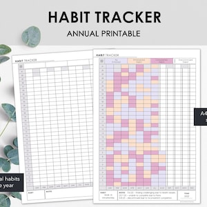 May include: A printable habit tracker with the text "HABIT TRACKER ANNUAL PRINTABLE". The tracker includes spaces to monitor habits throughout the year. A4, A5 & US Letter sizes included. The tracker has a grid with spaces for each day and month.