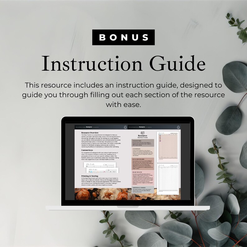 May include: A white laptop showing an instruction guide, with "BONUS" at the top. The guide is titled "Instruction Guide" and explains its function. The screen displays detailed instructions and floral imagery.