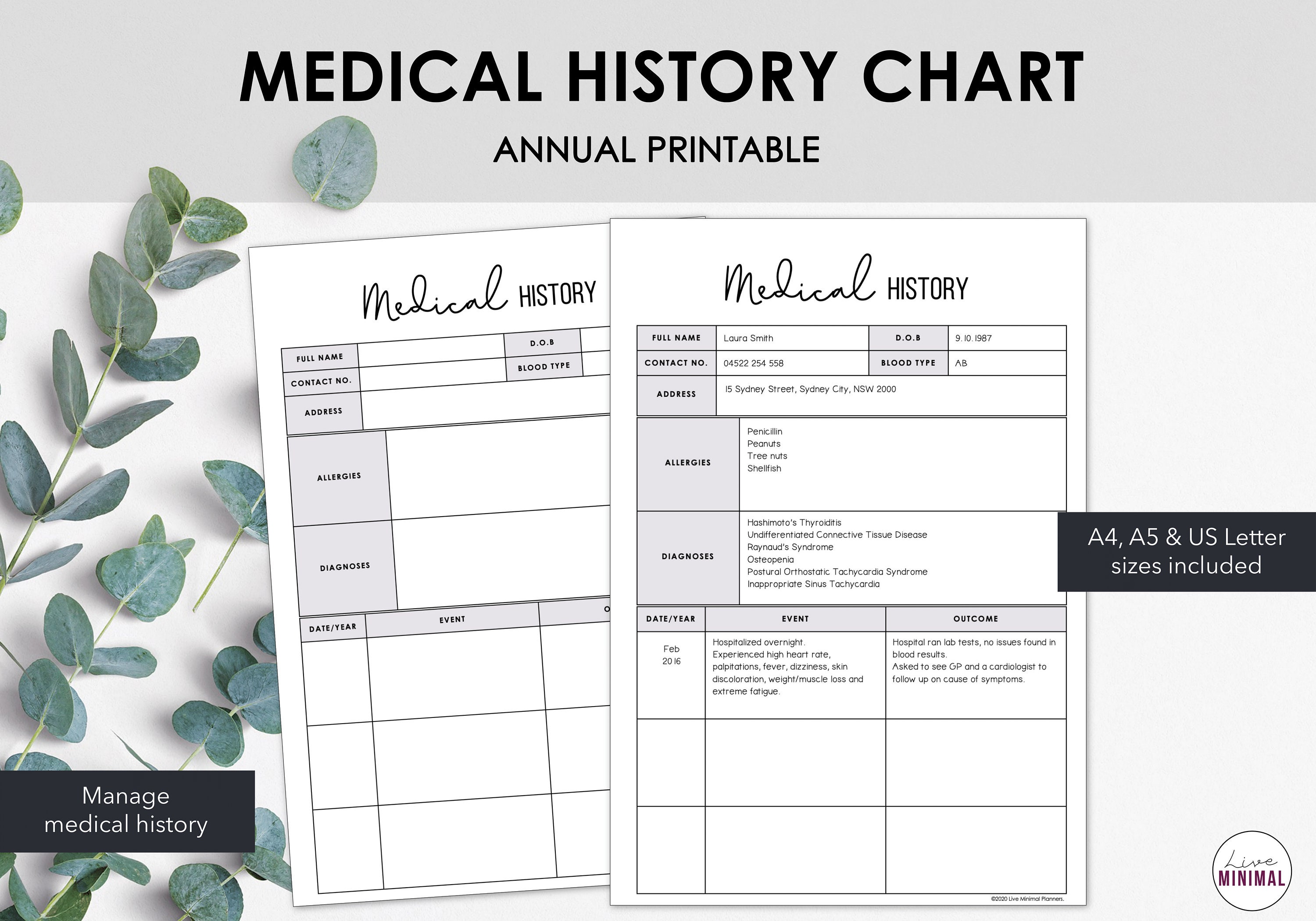 Medical History Chart Printable Health History Printable Etsy