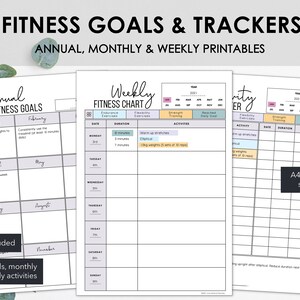 Fitnessdoelen en -trackers | Afdrukbare fitnessdoelen en maandelijkse fitnesstrackers | Grafiek wekelijkse oefeningen | Direct downloaden