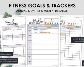 Objetivos y seguimiento de fitness / Objetivos de fitness imprimibles y seguimiento mensual de fitness / Registra tus ejercicios semanales / Descarga instantánea