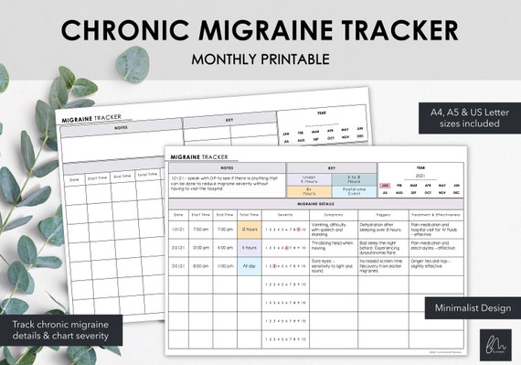 Printable Chronic Migraine Tracker | Chart Migraine Events Symptoms & Severity | Minimalist Design | Instant Download