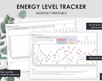 Daily Energy Level Tracker | Track Monthly Energy Levels & Treatments | Minimalist Design | Instant Download