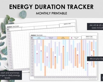 Energy Level Duration Tracker Monthly Printable | Track Daily Energy Level Changes & Treatment Times | Instant Download