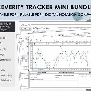 Printable and Fillable Severity Tracker Mini Bundle | Track Monthly Pain Anxiety Stress Brain Fog & Fatigue | Instant Download