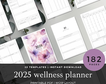 May include: A collection of printable planner pages. The 2025 wellness planner features a floral cover design. The pages include templates for daily schedules, health notes, and monthly calendars. The planner is available in A4, A5, and US Letter sizes. The planner has 182 pages.