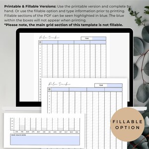 May include: A digital planner template on a laptop and printed sheets. The template has a grid layout with blue highlighted sections for data entry. Text includes "Delon tracker" and "Fillable Option".