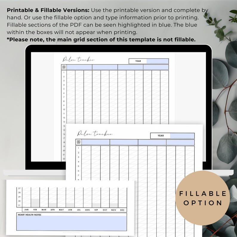 May include: A digital planner template on a laptop and printed sheets. The template has a grid layout with blue highlighted sections for data entry. Text includes "Delon tracker" and "Fillable Option".