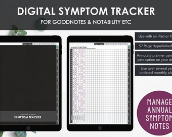 May include: Digital symptom tracker for Goodnotes and Notability. A black and white grid with the text "JANUARY SYMPTOMS" at the top. The grid is filled with pink X's. The text "MANAGE ANNUAL SYMPTOM NOTES" is in a purple circle.