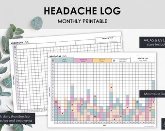 May include: Two printable headache log sheets with the text "HEADACHE LOG" and "MONTHLY PRINTABLE". The logs include sections for tracking headache events, severity, and treatments. The design is minimalist, with A4, A5 & US Letter sizes included.