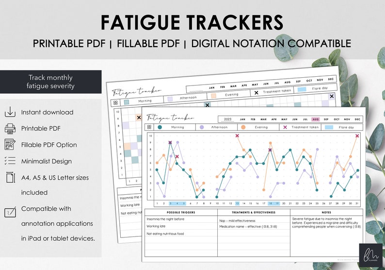 May include: Printable fatigue trackers with a minimalist design. The trackers include fillable PDF options and are compatible with annotation applications on tablets. The image shows a graph to track fatigue severity.
