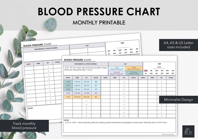 May include: A printable blood pressure chart with a minimalist design. The chart includes sections for date, time, blood pressure, and pulse, with space for notes. Text on the chart reads "Blood Pressure Chart" and "Monthly Printable."