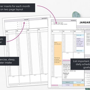 May include: Two-page weekly planner inserts with text: "Weekly planner inserts for each month - week on two page layout." Features include a custom weekly tracker, daily exercise, sleep, meals, and water intake tracking, and a section for appointments and goals.