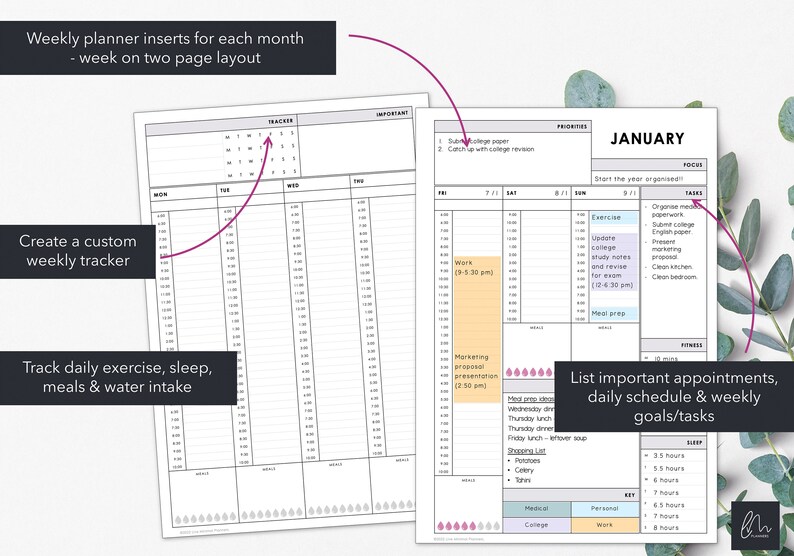 May include: Two-page weekly planner inserts with text: "Weekly planner inserts for each month - week on two page layout." Features include a custom weekly tracker, daily exercise, sleep, meals, and water intake tracking, and a section for appointments and goals.