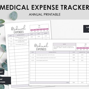 Puede incluir: Seguimiento anual imprimible de gastos médicos con el título "MEDICAL EXPENSE TRACKER" en la parte superior. El documento incluye secciones para la fecha, los detalles de los gastos, el costo, la cantidad pagada y la cantidad adeudada. Se incluyen dos versiones, tamaños A4, A5 y US Letter.