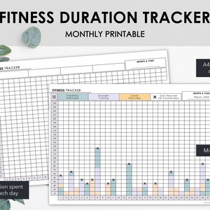 Maandelijkse fitnessduurtracker | Grafiek van dagelijkse tijd besteed aan trainen en fitness- of revalidatiedoelen beheren | Direct downloaden