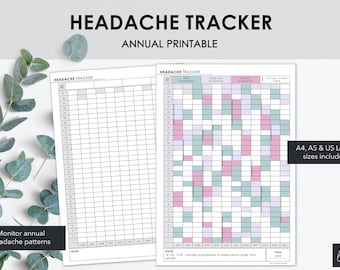 Suivi annuel des maux de tête chroniques imprimable | Suivre les maux de tête chroniques annuels et leur gravité | Téléchargement instantané