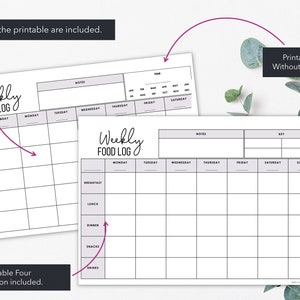Peut inclure: Deux mod&egrave;les imprimables de journaux alimentaires hebdomadaires. L'un comprend une option de cl&eacute;, l'autre non. Les mod&egrave;les sont blancs avec du texte noir et des cases grises pour chaque jour de la semaine, et des sections pour les repas et les notes.