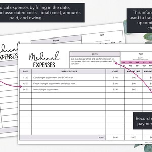 K&ouml;nnte beinhalten: Ein medizinischer Ausgaben-Tracker mit dem Titel "Medical Expenses" in einer handschriftlichen Schriftart. Der Tracker enth&auml;lt Abschnitte f&uuml;r Datum, Ausgabendetails, Kosten, bezahlter Betrag und geschuldeter Betrag. Das Bild enth&auml;lt auch Text, der besagt: "Verfolgen Sie medizinische Ausgaben, indem Sie das Datum, die Beschreibung und die zugeh&ouml;rigen Kosten ausf&uuml;llen - Gesamt (Kosten), bezahlte und geschuldete Betr&auml;ge."