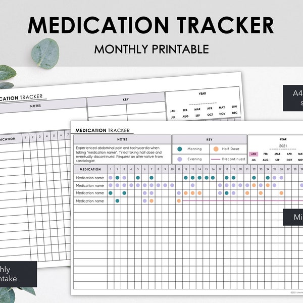 Traqueur de médicaments minimaliste | Graphique de la prise mensuelle de médicaments et de l'arrêt des médicaments | Téléchargement instantané