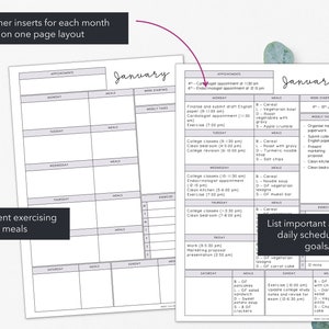 May include: Two-page weekly planner inserts with a minimalist design. The pages feature sections for appointments, meals, weekly tasks, and exercise. Text includes "January" and instructions for tracking time and listing goals.