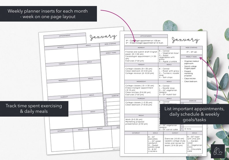 May include: Two-page weekly planner inserts with a minimalist design. The pages feature sections for appointments, meals, weekly tasks, and exercise. Text includes "January" and instructions for tracking time and listing goals.