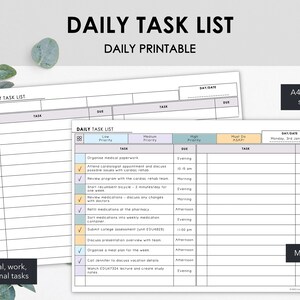 Puede incluir: Una lista de tareas diarias imprimible en tamaños A4/A5 y US Letter. El diseño es minimalista, con fondo blanco y texto negro. La lista de tareas incluye secciones para tarea, fecha de vencimiento y prioridad.