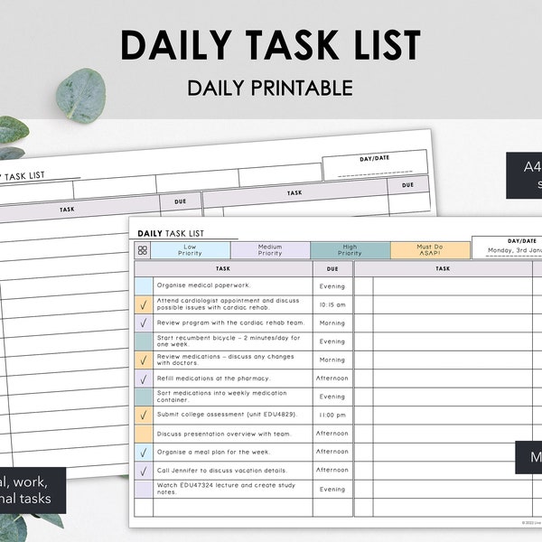 Printable Daily Task List | Manage Medical Personal College & Work Tasks | Productivity Tracker | Instant Download