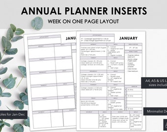 Printable Annual Planner Inserts | Week on One Page Layout with Monday start | Minimalist Weekly Planner Inserts | Instant Download