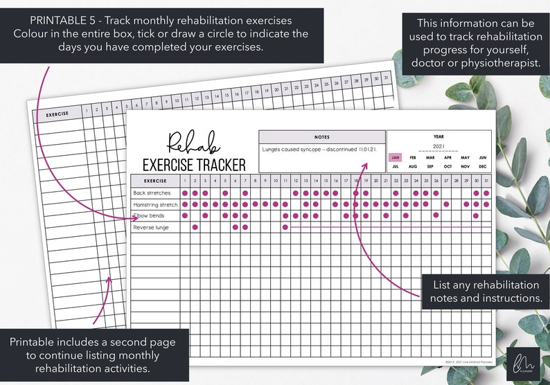 Puede incluir: Seguimiento de ejercicios de rehabilitaci&oacute;n imprimible con fondo blanco. El rastreador incluye una cuadr&iacute;cula de calendario para rastrear ejercicios, con espacio para notas. El texto en el rastreador dice: "Realice un seguimiento de los ejercicios de rehabilitaci&oacute;n mensuales".
