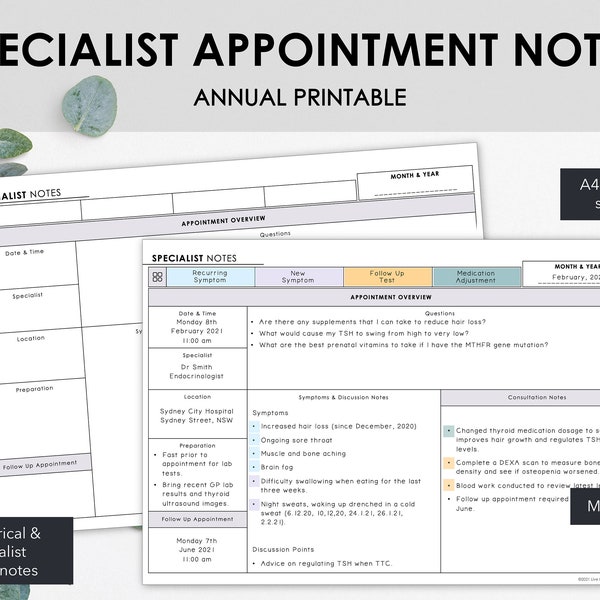 Notes de spécialistes imprimables | Gérer les informations sur les rendez-vous médicaux | Visites de spécialistes et de médecins | Conception minimaliste | Téléchargement instantané