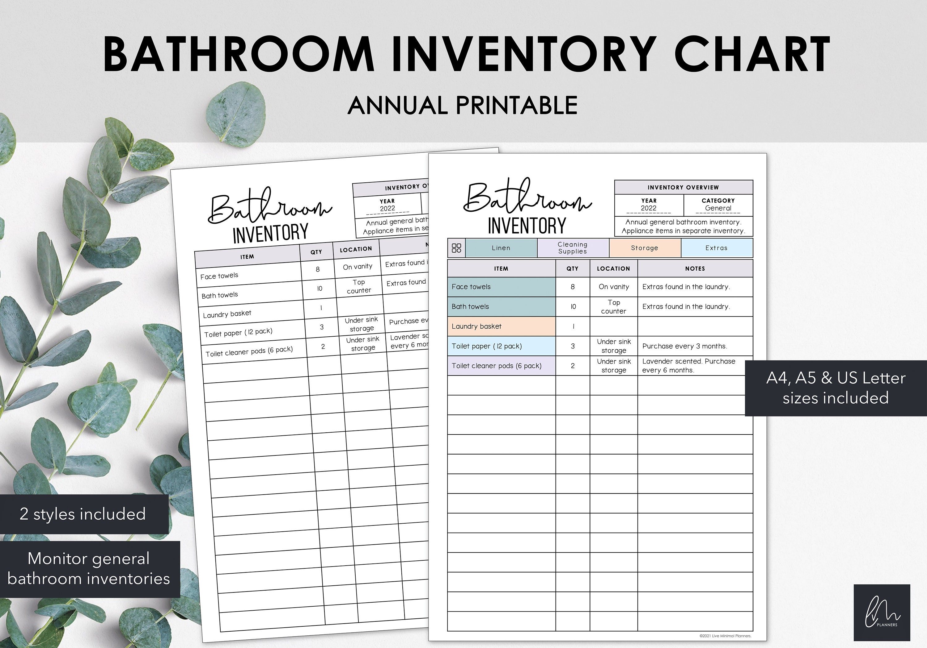 Bathroom Inventory Charts List Bathroom Related Items in a Etsy