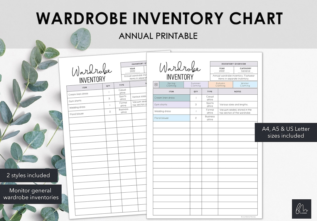 Wardrobe Inventory Charts List Wardrobe Related Items in a Printable