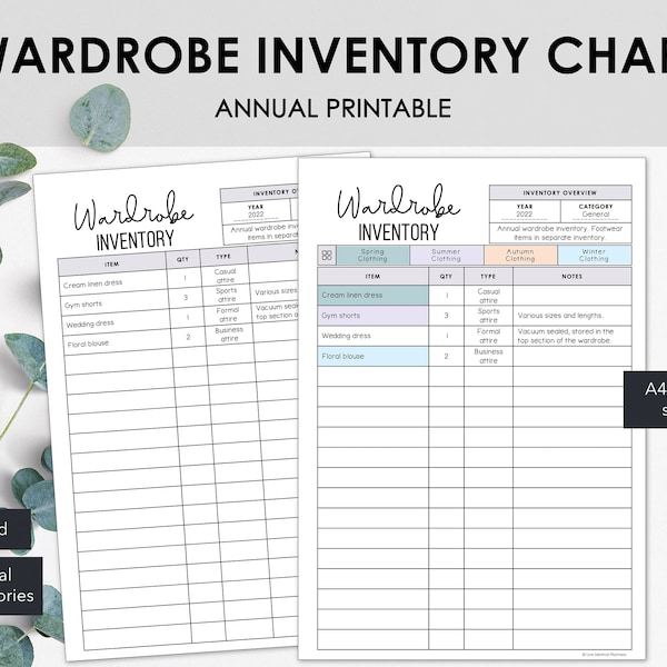 Wardrobe Inventory Charts | List Wardrobe Related Items in a Printable Household Inventory Tracker | Instant Download