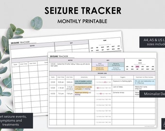 Monthly Seizure Tracker Printable | Chart Symptoms & Severity of Seizure Events | Minimalist Design | Instant Download