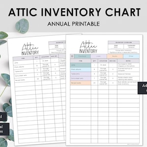 Attic Inventory Charts | List Attic Related Items in a Printable Household Inventory Tracker | Instant Download