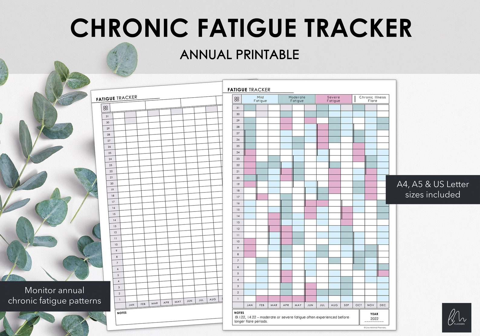 annual-chronic-fatigue-tracker-printable-track-yearly-days-etsy-uk